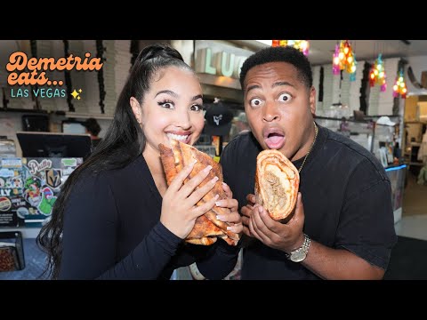 Demetria Eats: PHILLY CHEESESTEAK BURRITO PIZZA w/ @LATRYGUY 😱 in #Vegas-  food challenge!